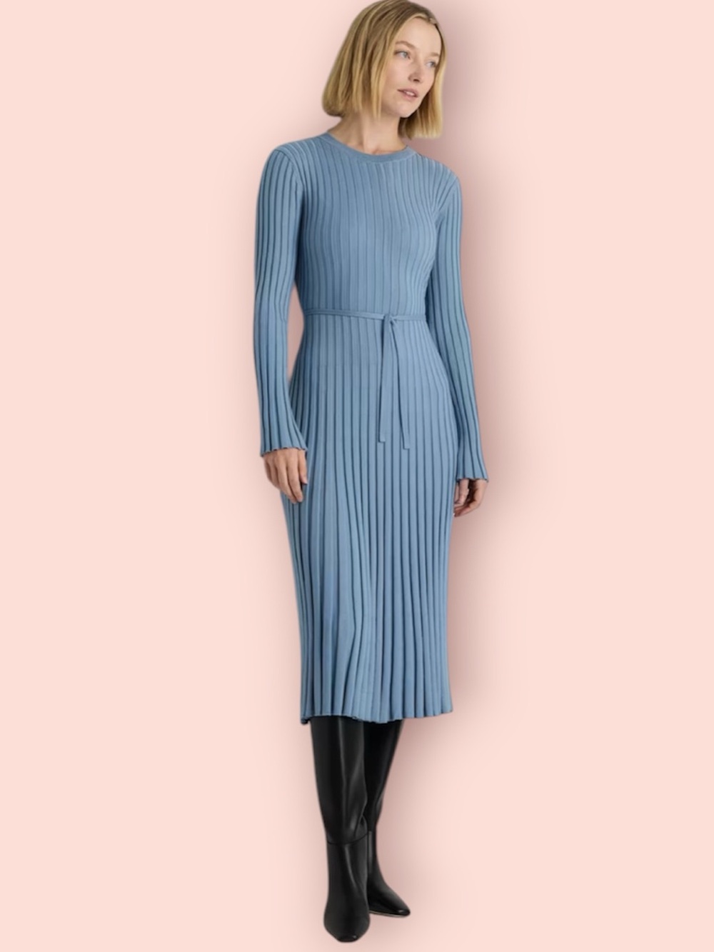 QUINCE Cotton Cashmere Ribbed Long Sleeve Crew Midi Dress Mountain Spring Blue